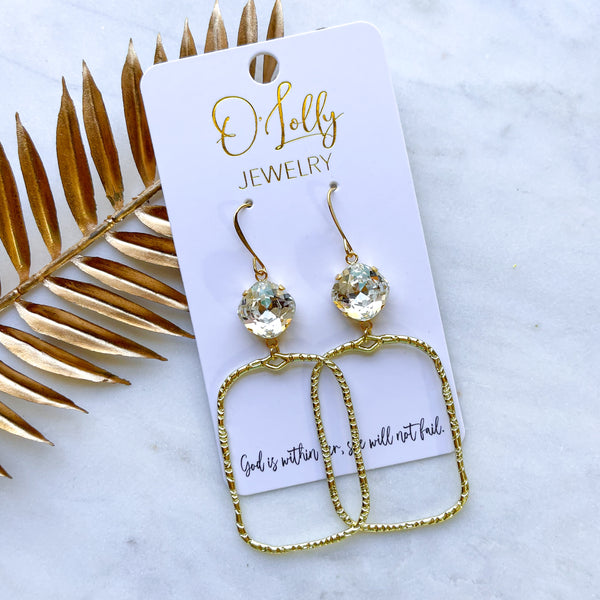 O’Lolly “Sarah” Earrings- Clear Stone w/Gold Textured Rectangle