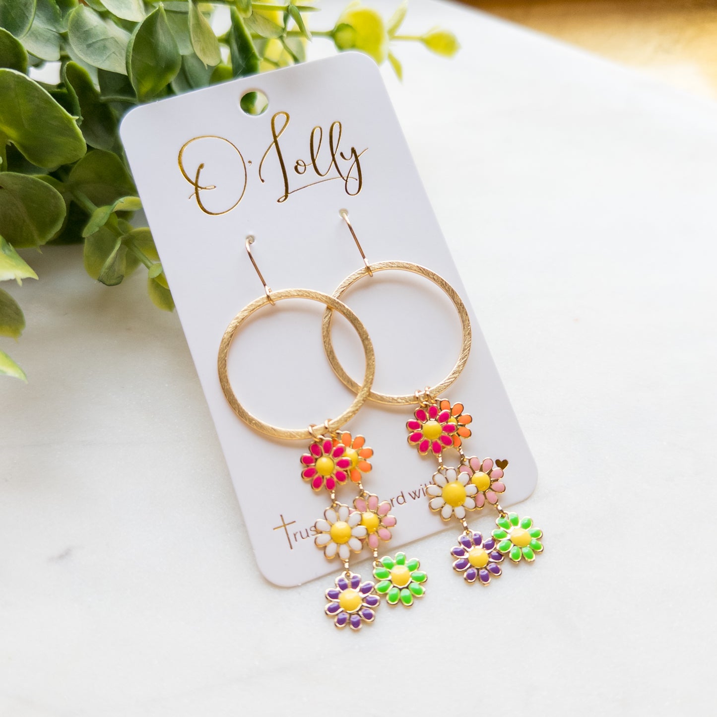 Gold Hoop w/Colorful Flower Dangles - “Alisha”