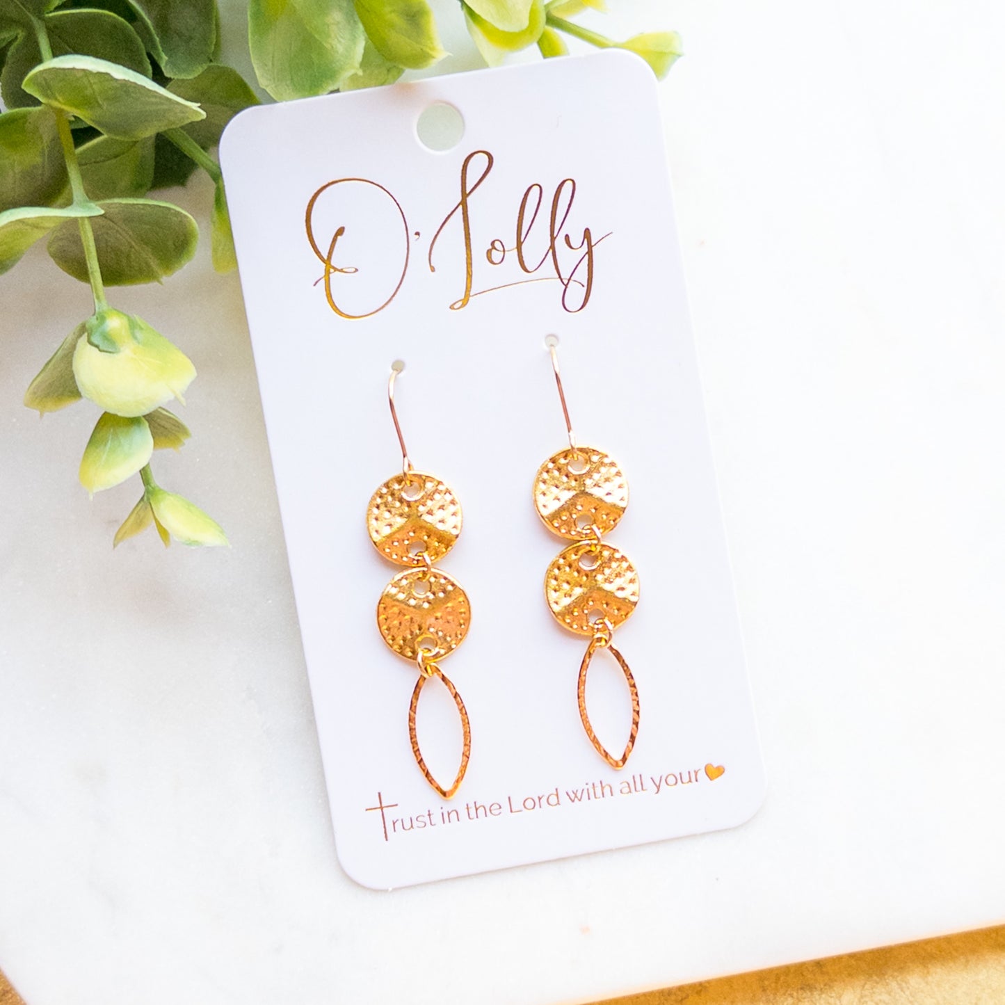 Gold Textured Discs w/Leaf Shaped Open Dangle Earrings “Kasey”