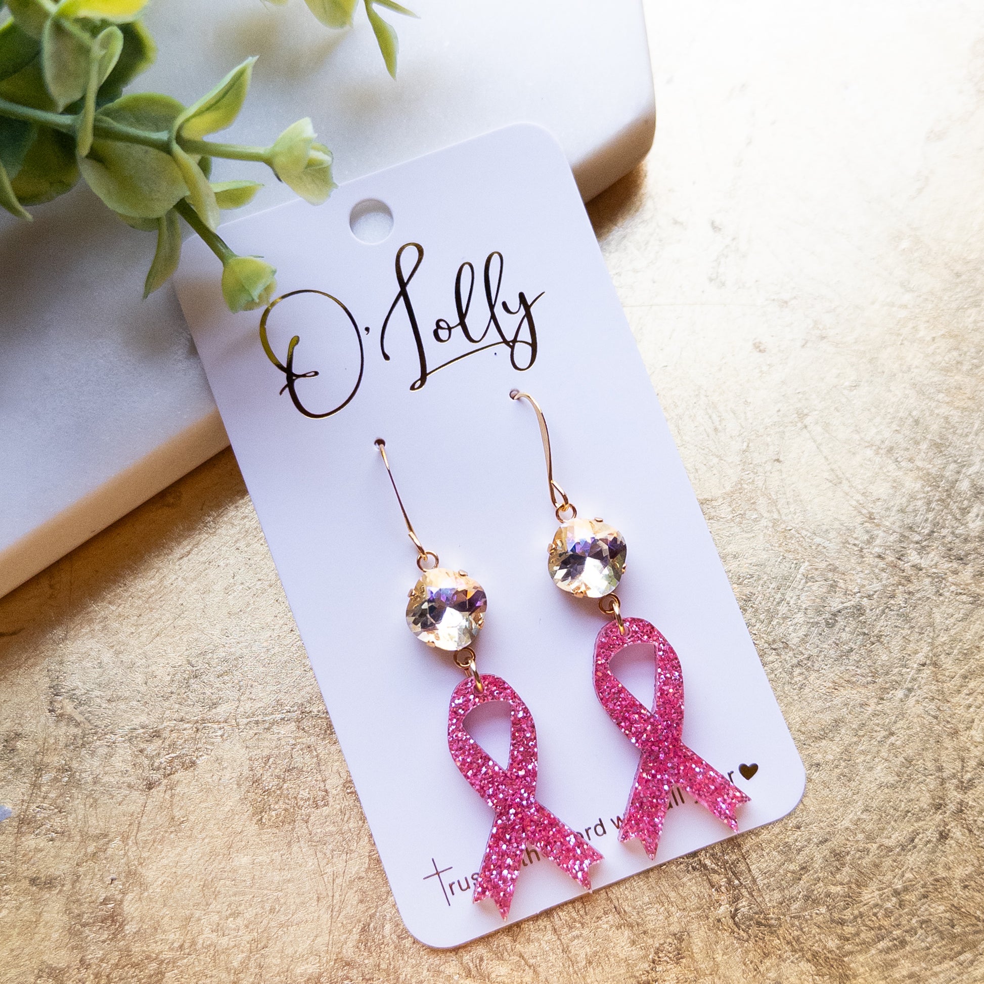 Pink Glitter Breast Cancer Awareness Ribbon Earrings w/Clear ML Stone