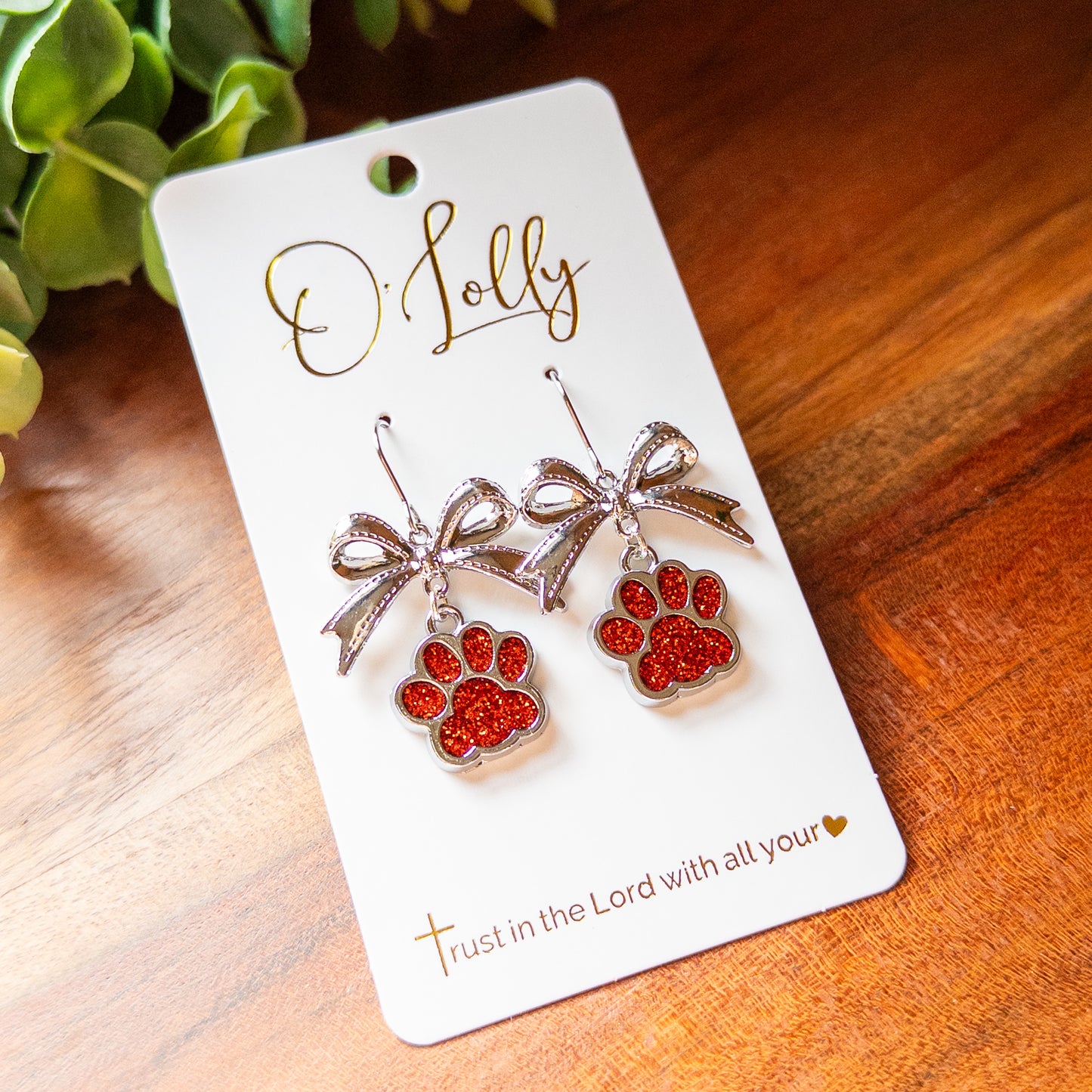 Red Glitter Paw Print Silver Bow Earrings