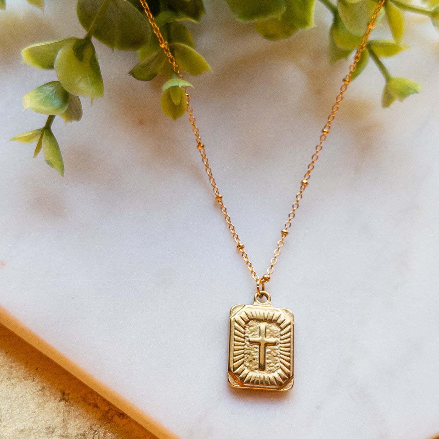 Gold Rectangle Cross Pendant with Beaded Gold Chain