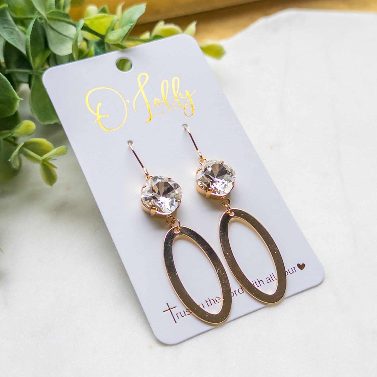 Clear Stone w/Gold Shiny Open Oval Dangle Earrings “Elise”