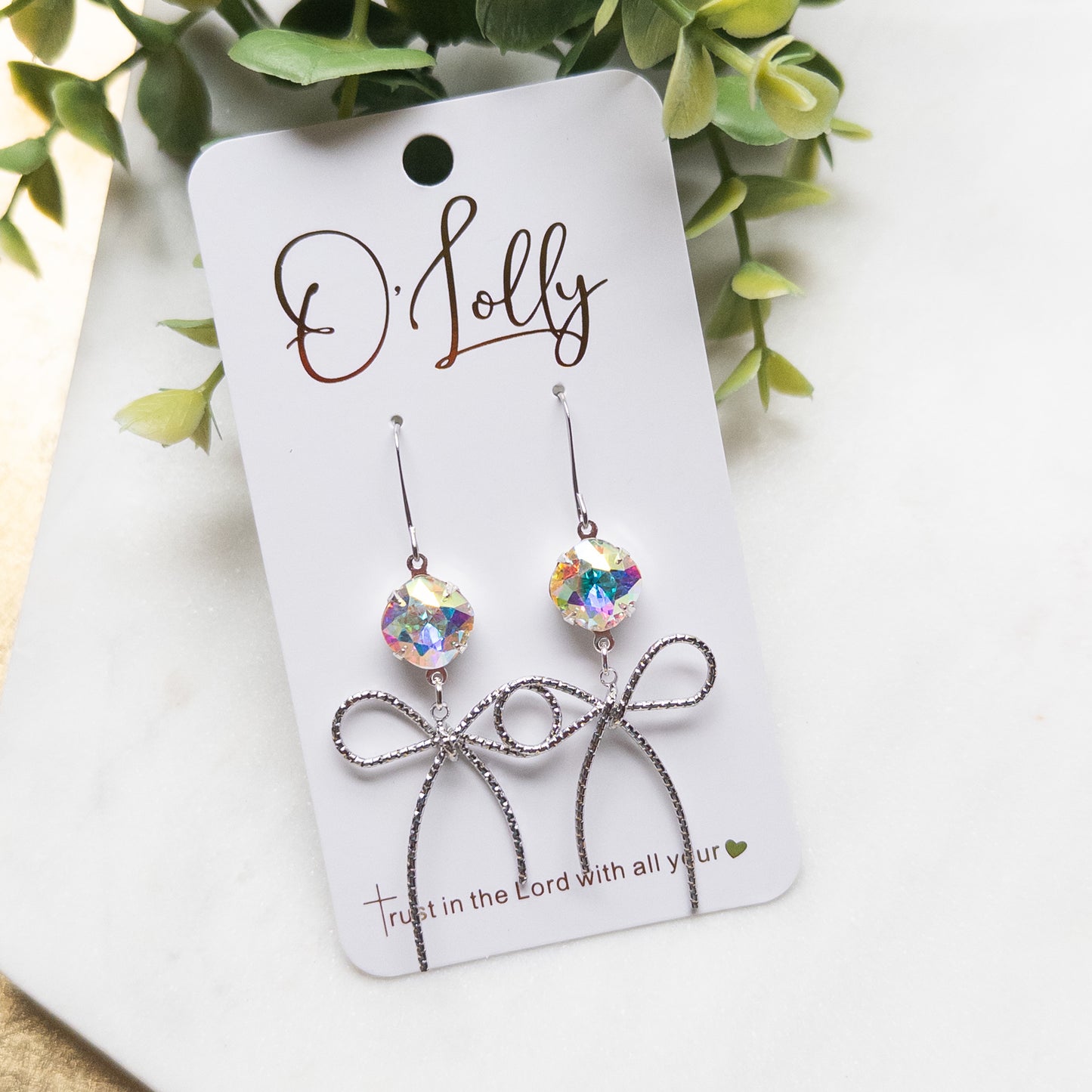 Silver Bow Earrings w/AB Stone- “Bailey”