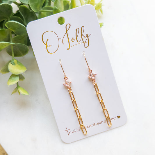 18k Gold Plated Chain w/CZ Connector Dangle Earrings
