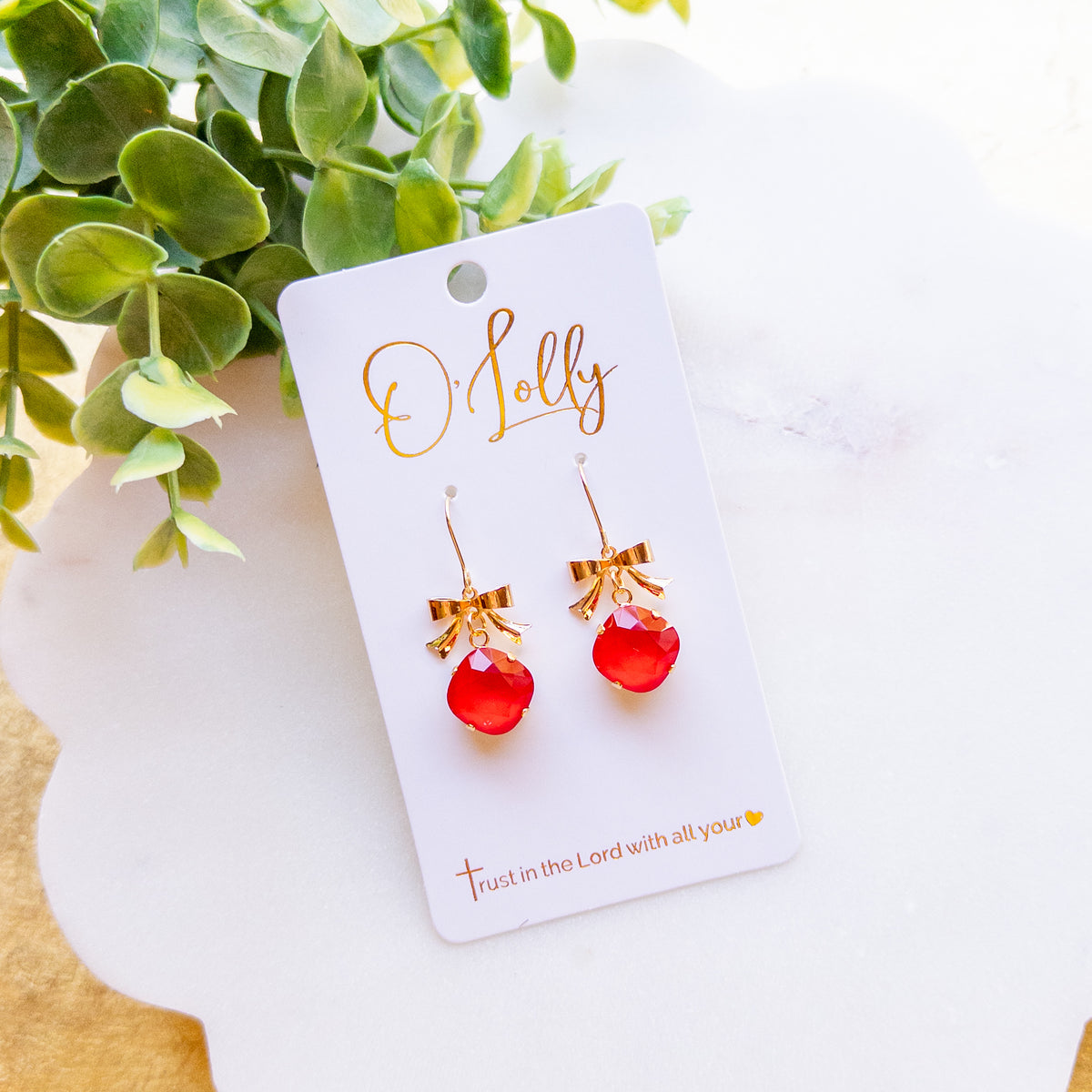 Gold Bow Red Crystal Drop Earrings “Rudy”