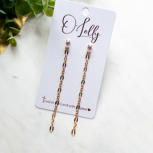 Gold Chain Drop Earrings with CZ Studs | 3.5” Long Statement Earrings “Chaney”