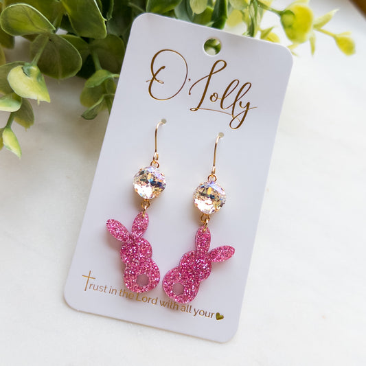 Pink Glitter Acrylic Bunny Dangle Earrings w/Clear Stone- Easter 1