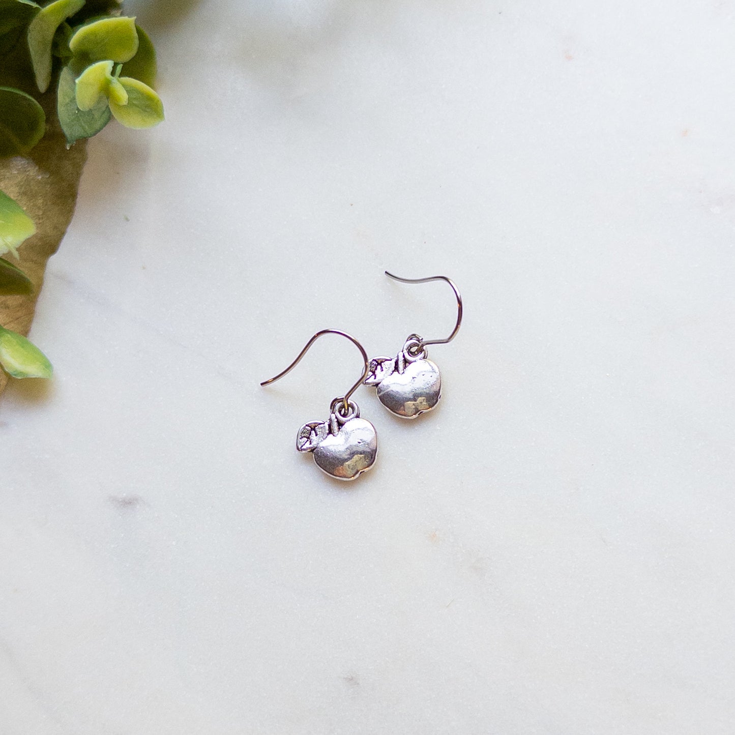 Antique Silver Apple Dangle Earrings – Teacher Earrings – Back to School Jewelry