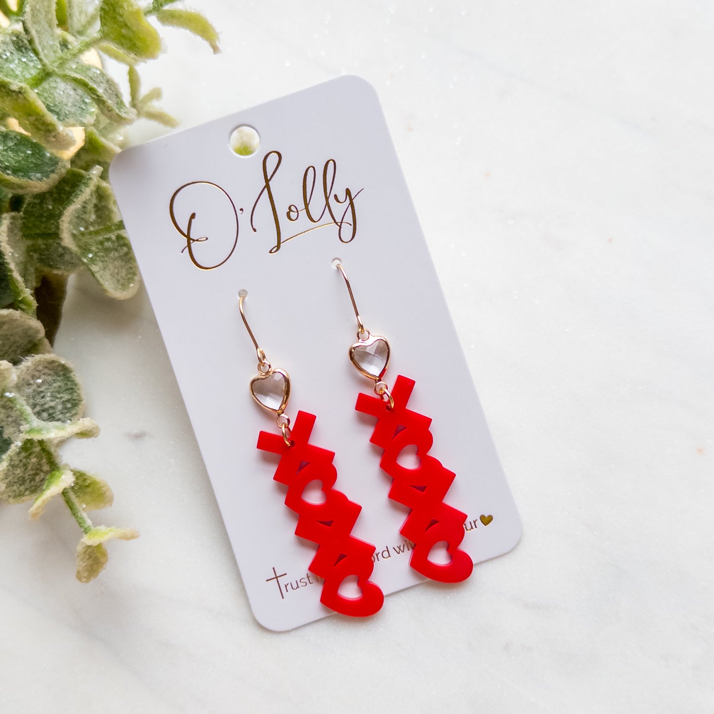 Red Acrylic “XOXO” w/Clear Heart Connector Earrings