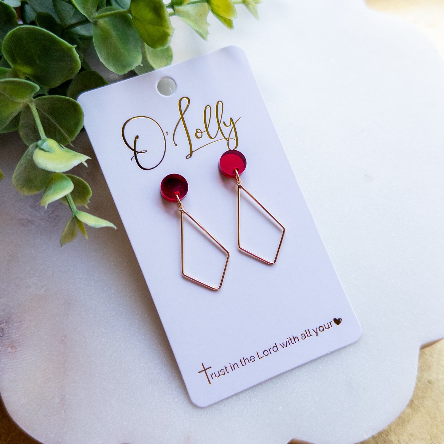 Burgundy Geometric Gold-Tone Drop Earrings