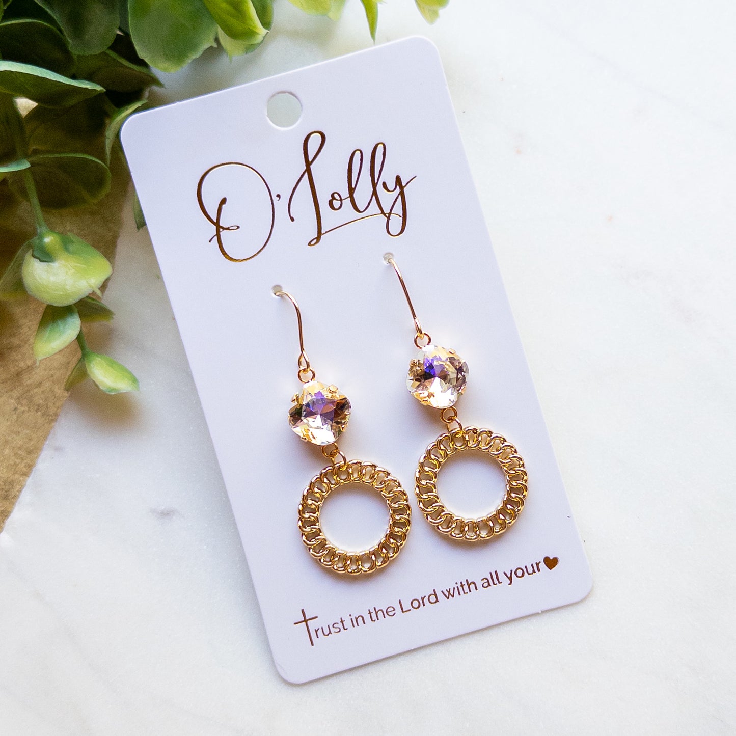 Gold Crystal & Textured Circle Dangle Earrings “Lux”