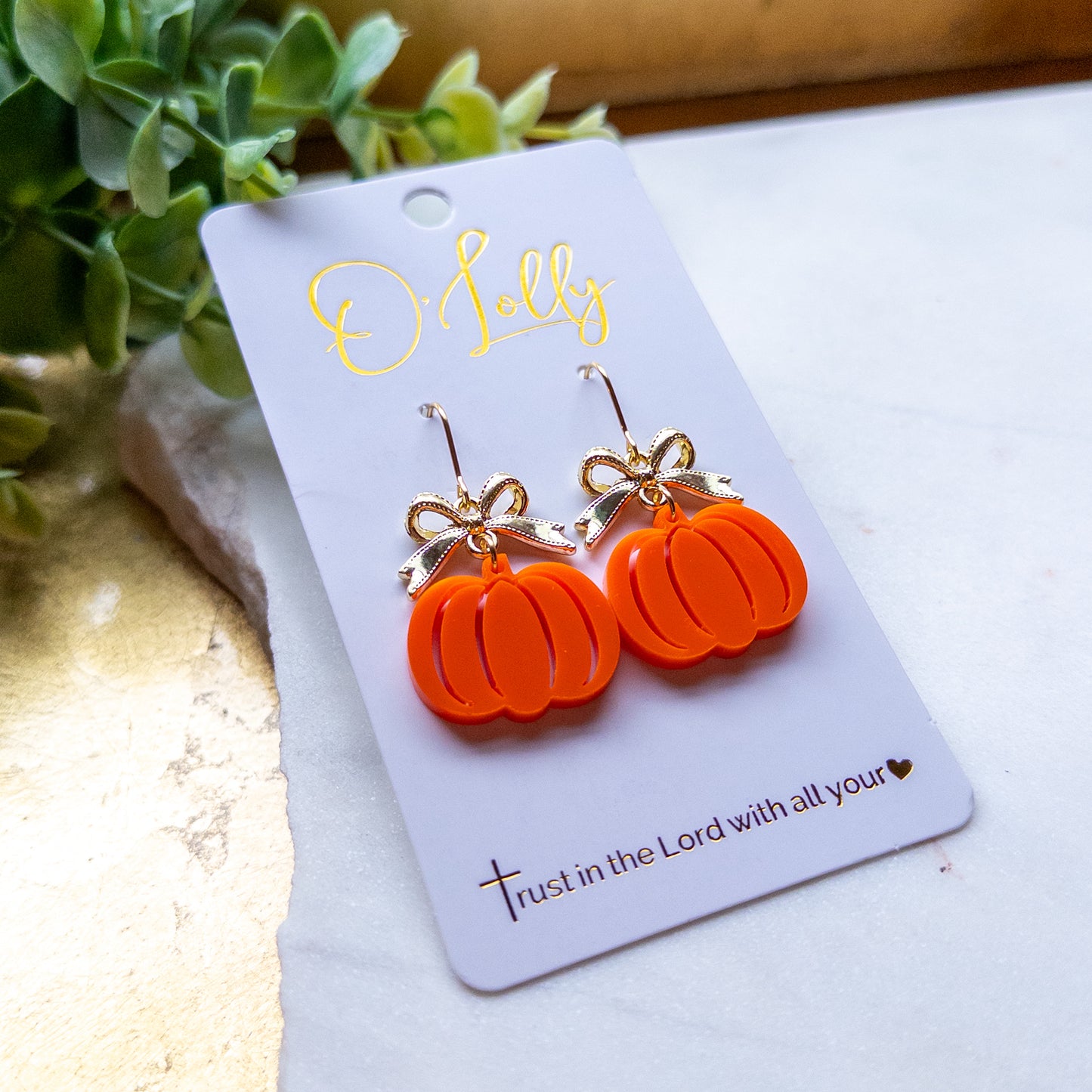 Golden Bow Orange Pumpkin Dangle Earrings