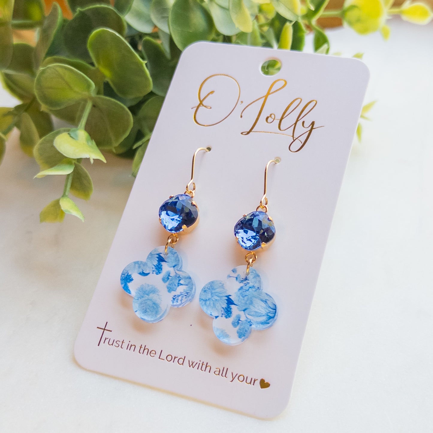 Blue & White Acrylic Quatrefoil w/Blue Stone Dangle Earrings “Blu”