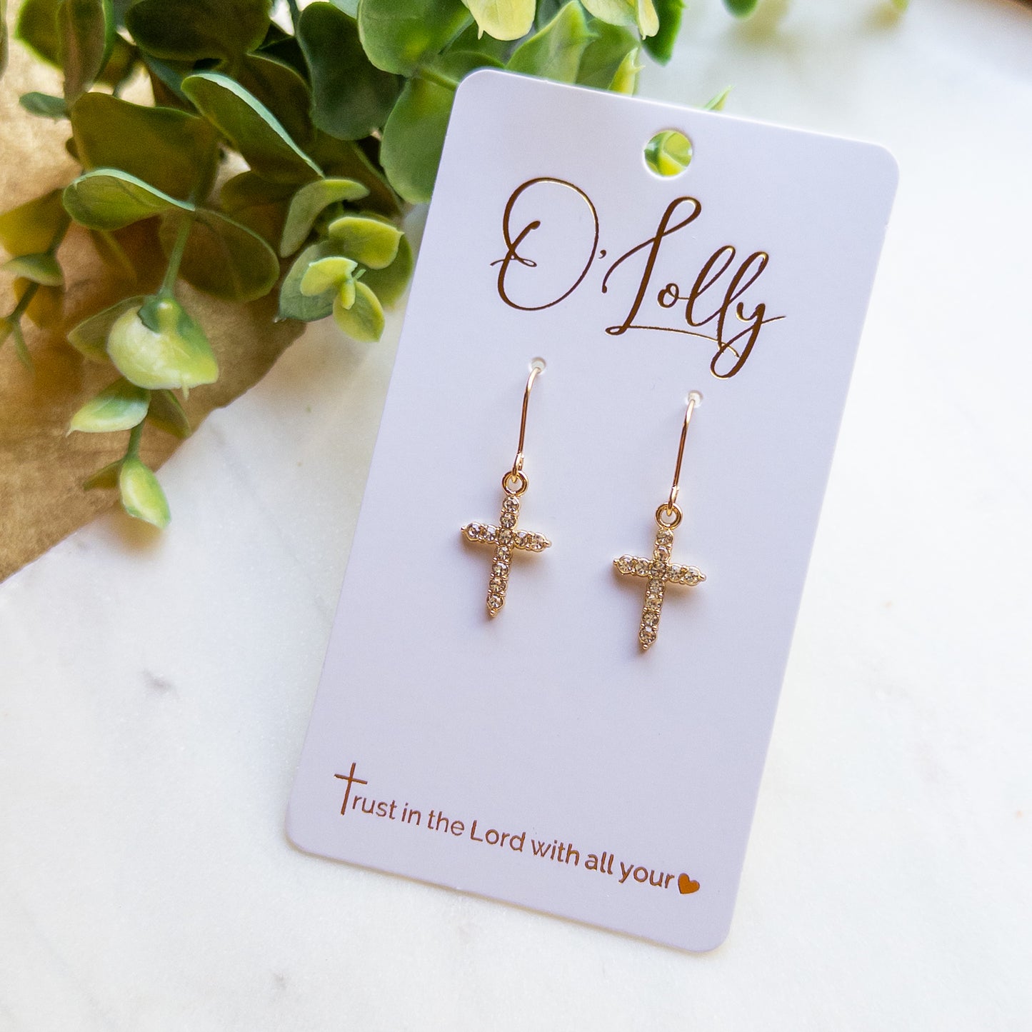 Gold Crystal Cross Dangle Earrings – Rhinestone Cross Earrings “Ruth”