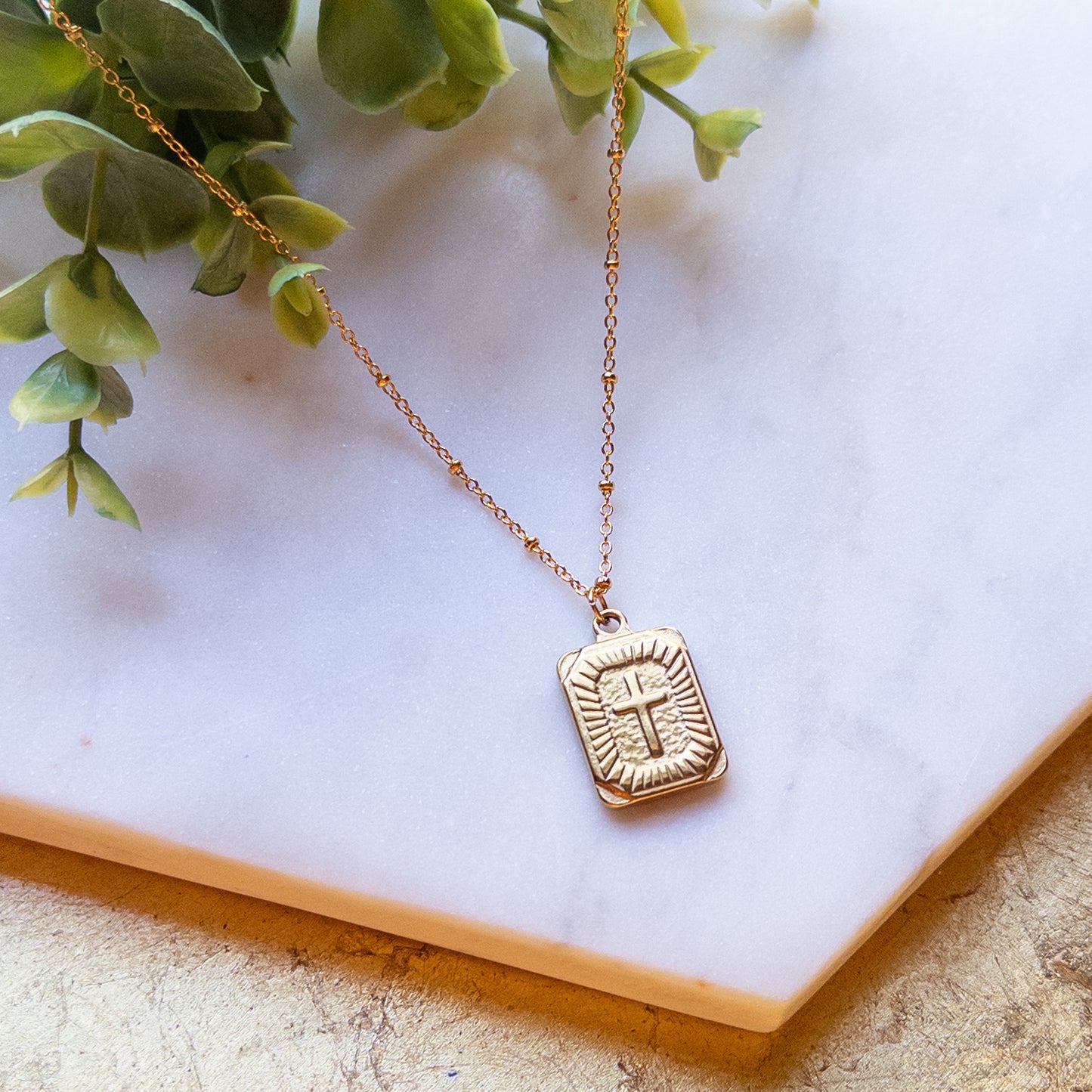 Gold Rectangle Cross Pendant with Beaded Gold Chain