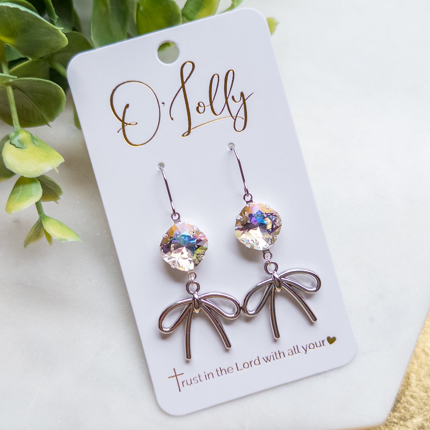 Silver Bow w/ML Clear Stone Dangle Earrings - AnneLynn