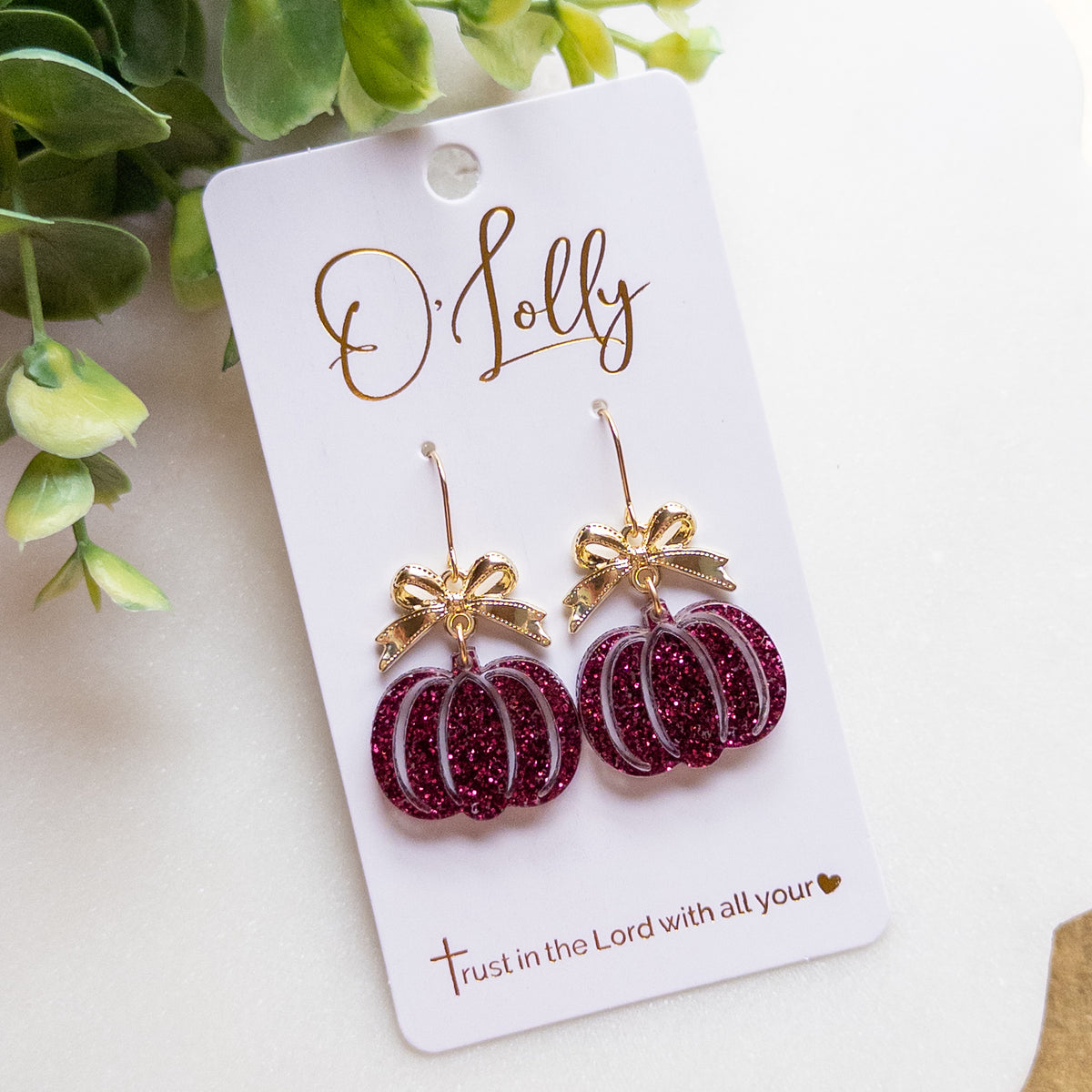 Maroon Glitter Pumpkin & Gold Bow Drop Earrings “Autumn Rae”