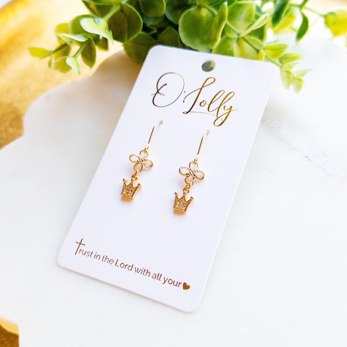 Gold Crown Charm Dangle Earrings