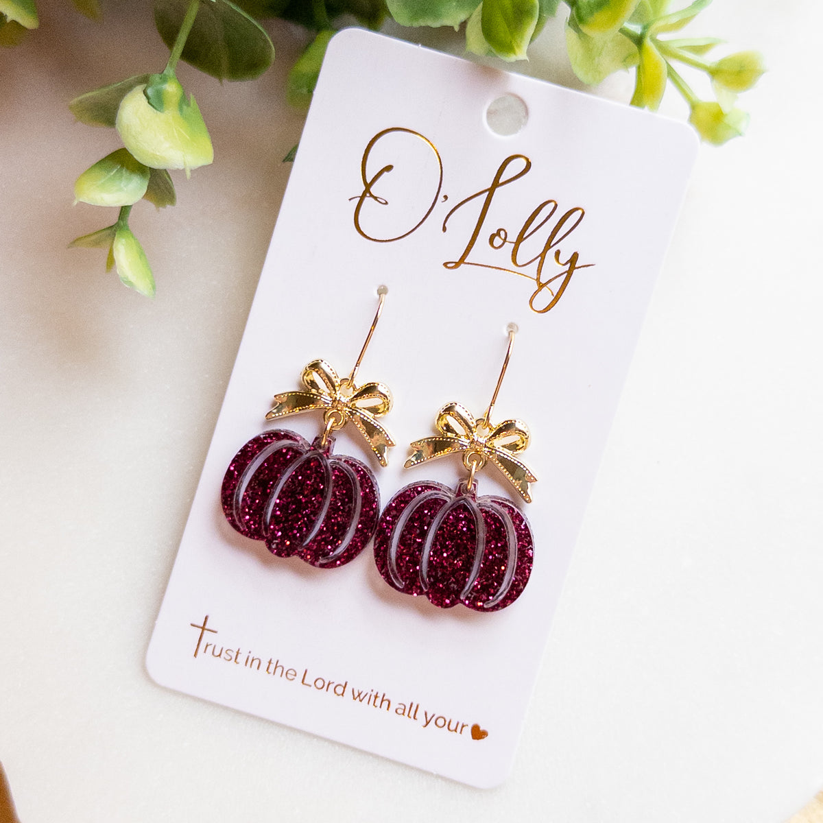 Maroon Glitter Pumpkin & Gold Bow Drop Earrings “Autumn Rae”