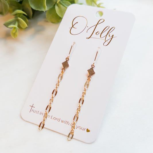 18k Gold Plated Chain Earrings w/Diamond Shaped Connector