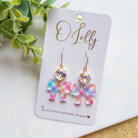 Spring Plaid Acrylic Bow w/ML Clear Stone Dangle Earrings “Maisie”