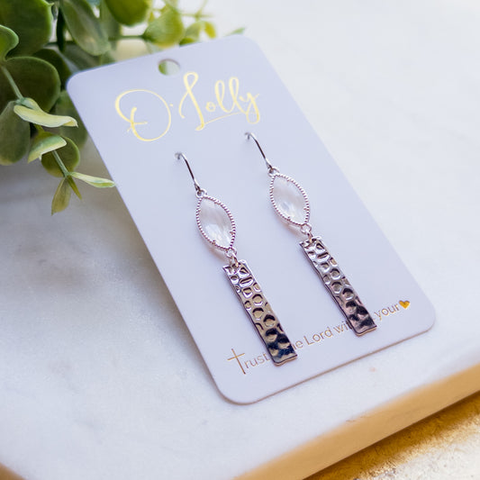 Clear Silver Glass Connector w/Textured Bar Dangle Earrings “Tracee”