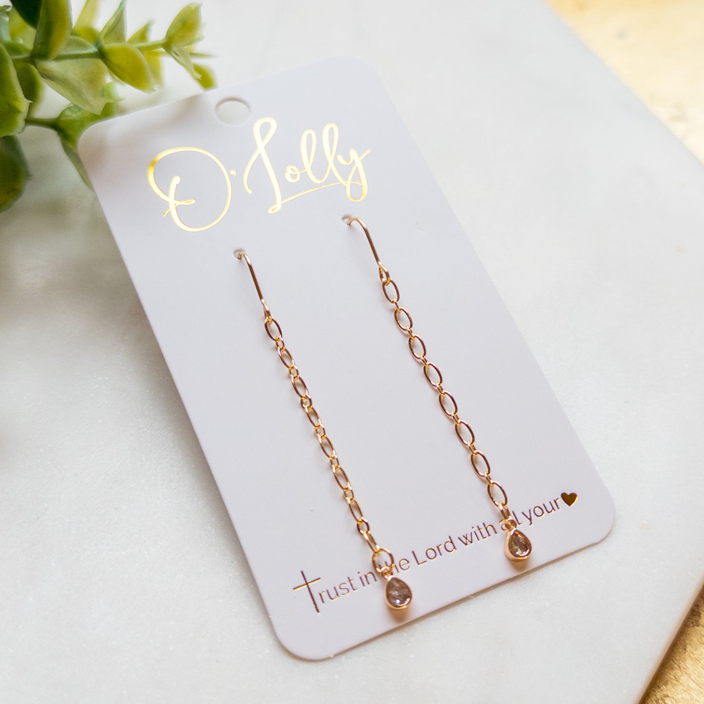 Gold Plated Chain Earrings w/Cubic Zirconia Teardrop