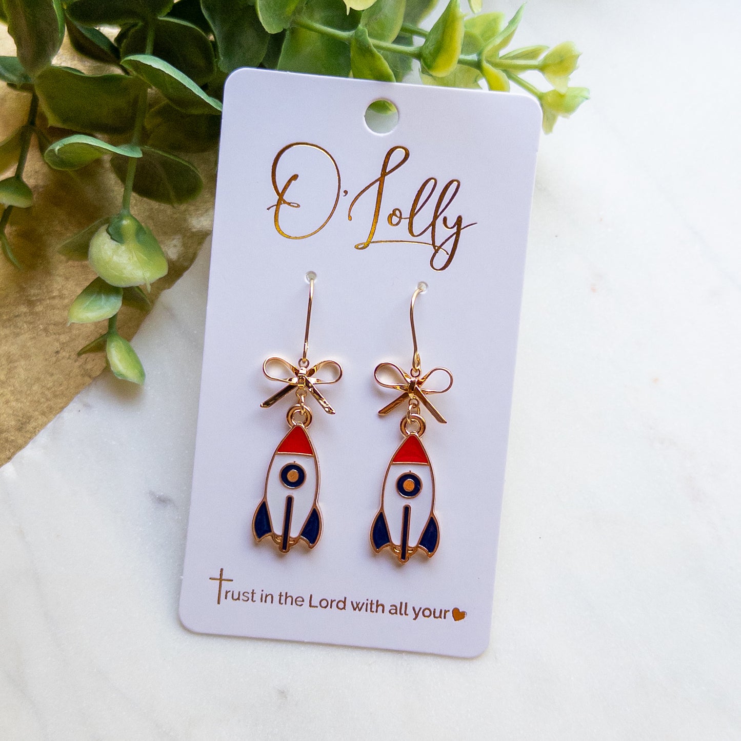 Rocket School Spirit Dangle Earrings – Gold Bow Rocket Earrings – Team Spirit Earrings “Comet”