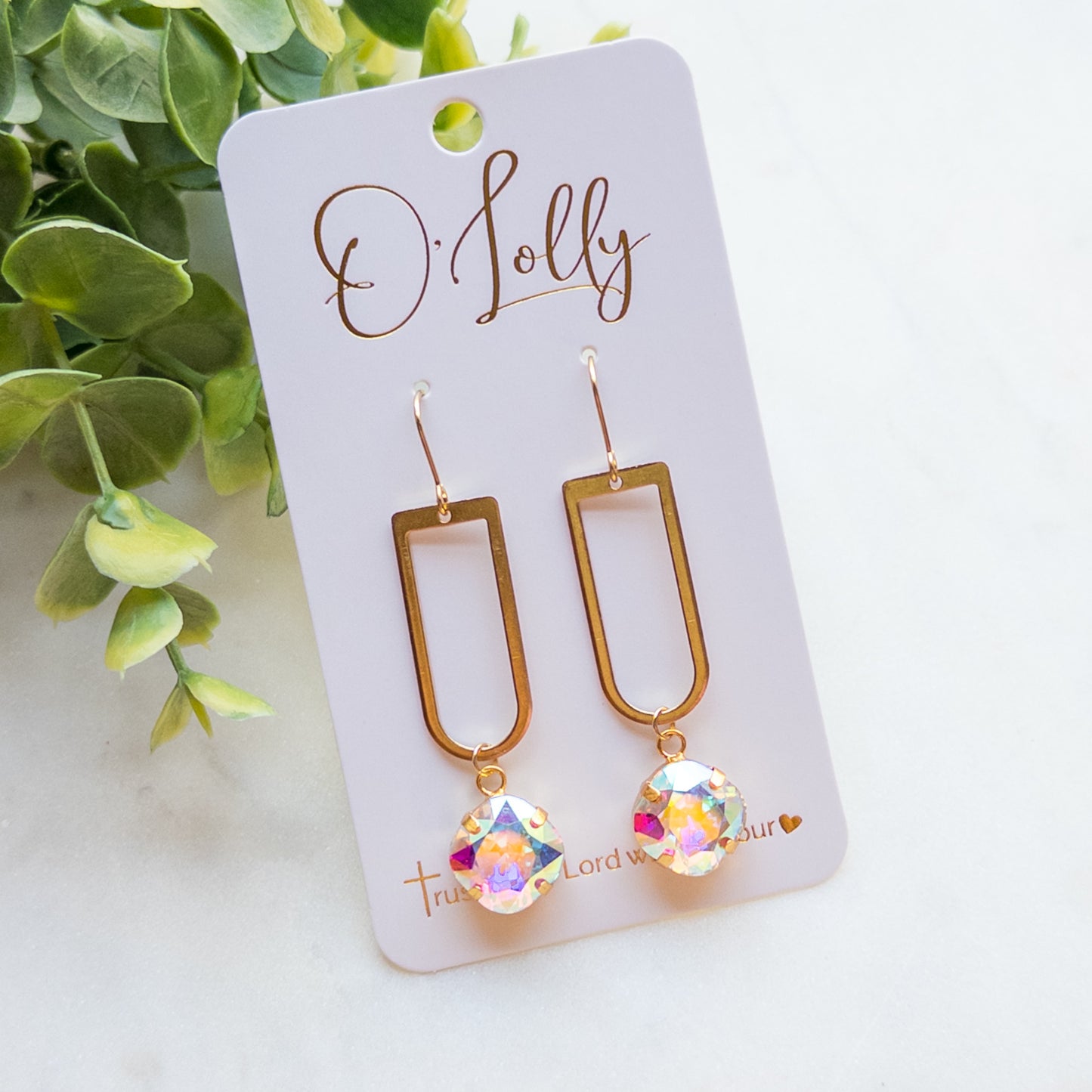Open Gold Shaped Dangle Earrings w/AB Stone “Julie”