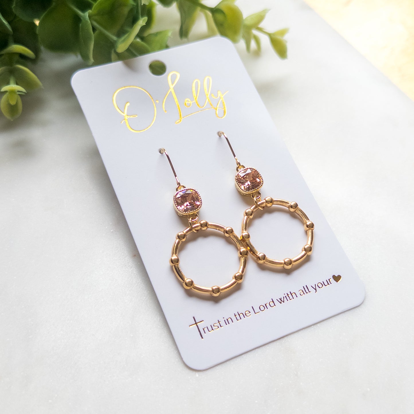 Blush Crystal & Polished Circle Dangle Earrings “Margo”