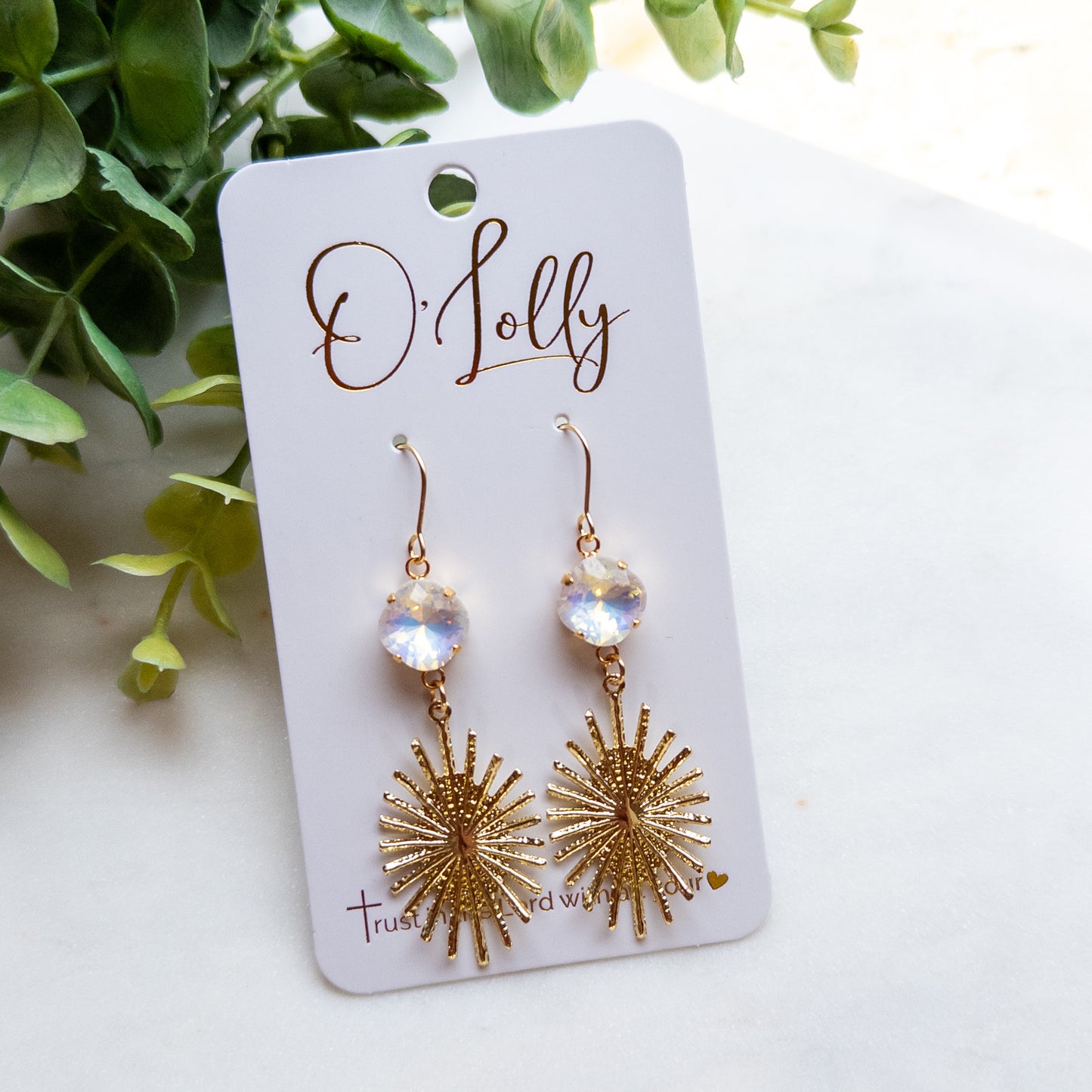 Gold Burst w/White Stone Earrings- "Elsa"