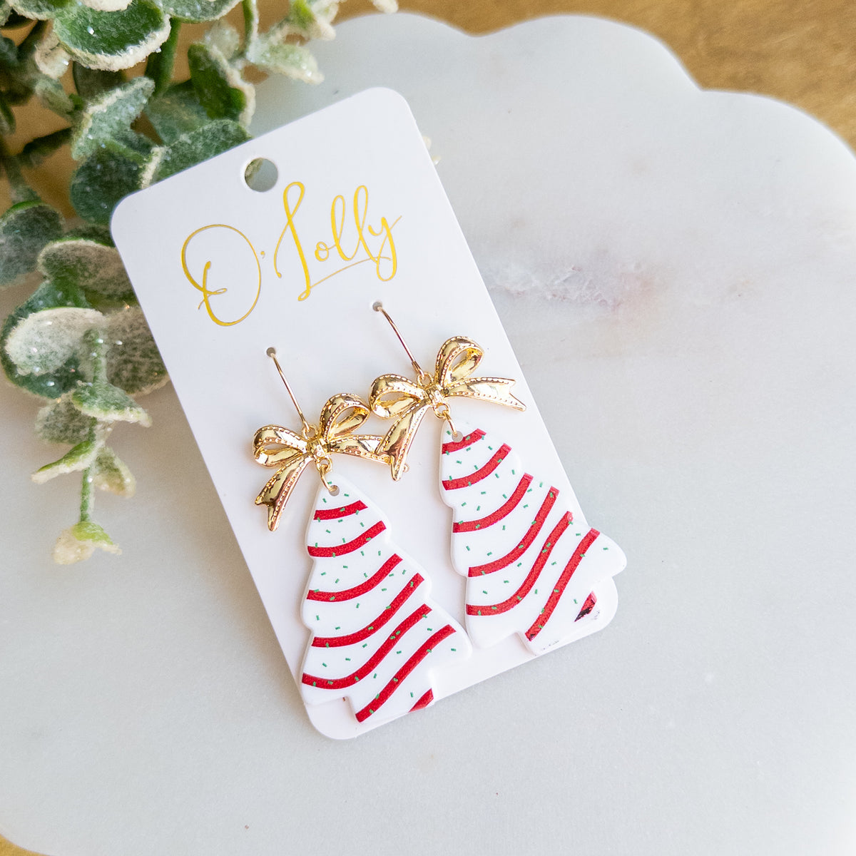 Christmas Tree Cake Dangle Earrings – Red Glitter Stripes with Gold Bows