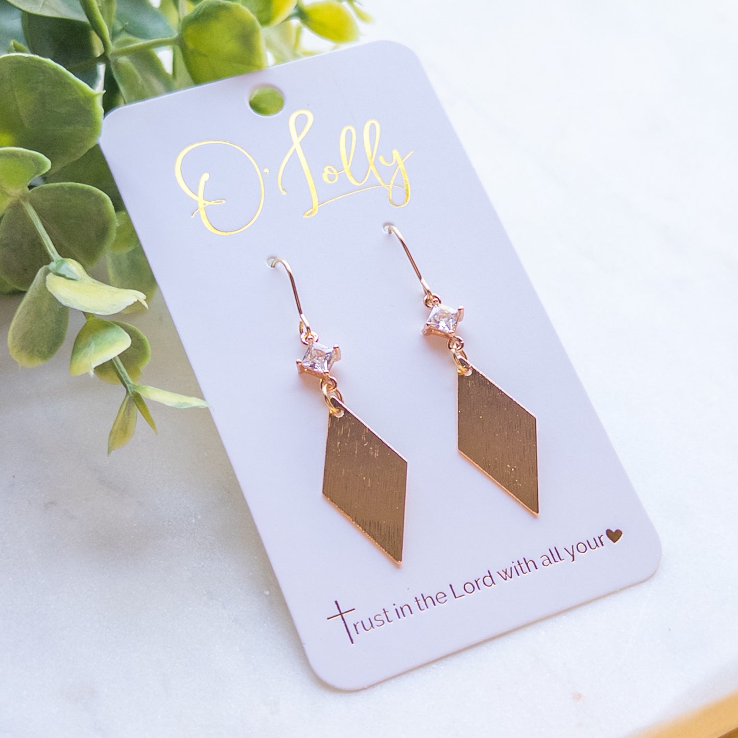 CZ Connector w/Gold Textured Rhombus Dangle Earrings “Misty”