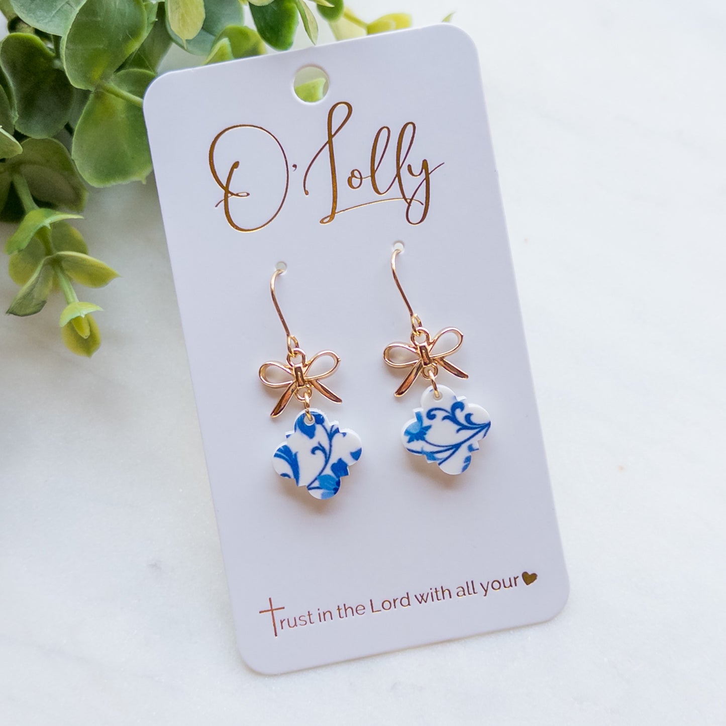 Gold Bow w/Blue & White Shaped Dangle Earrings “Bluebell”