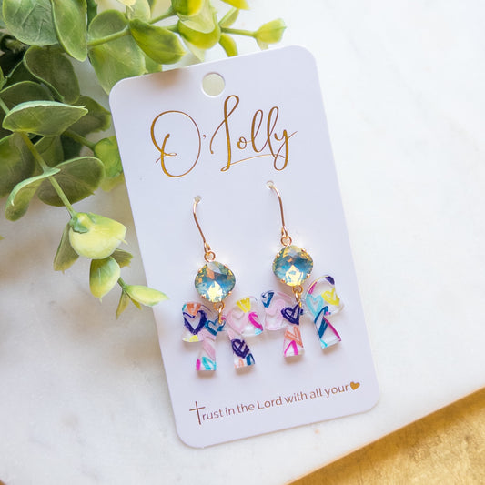 Multicolored Acrylic Bow w/Printed Hearts & Teal Stone “Lovey”
