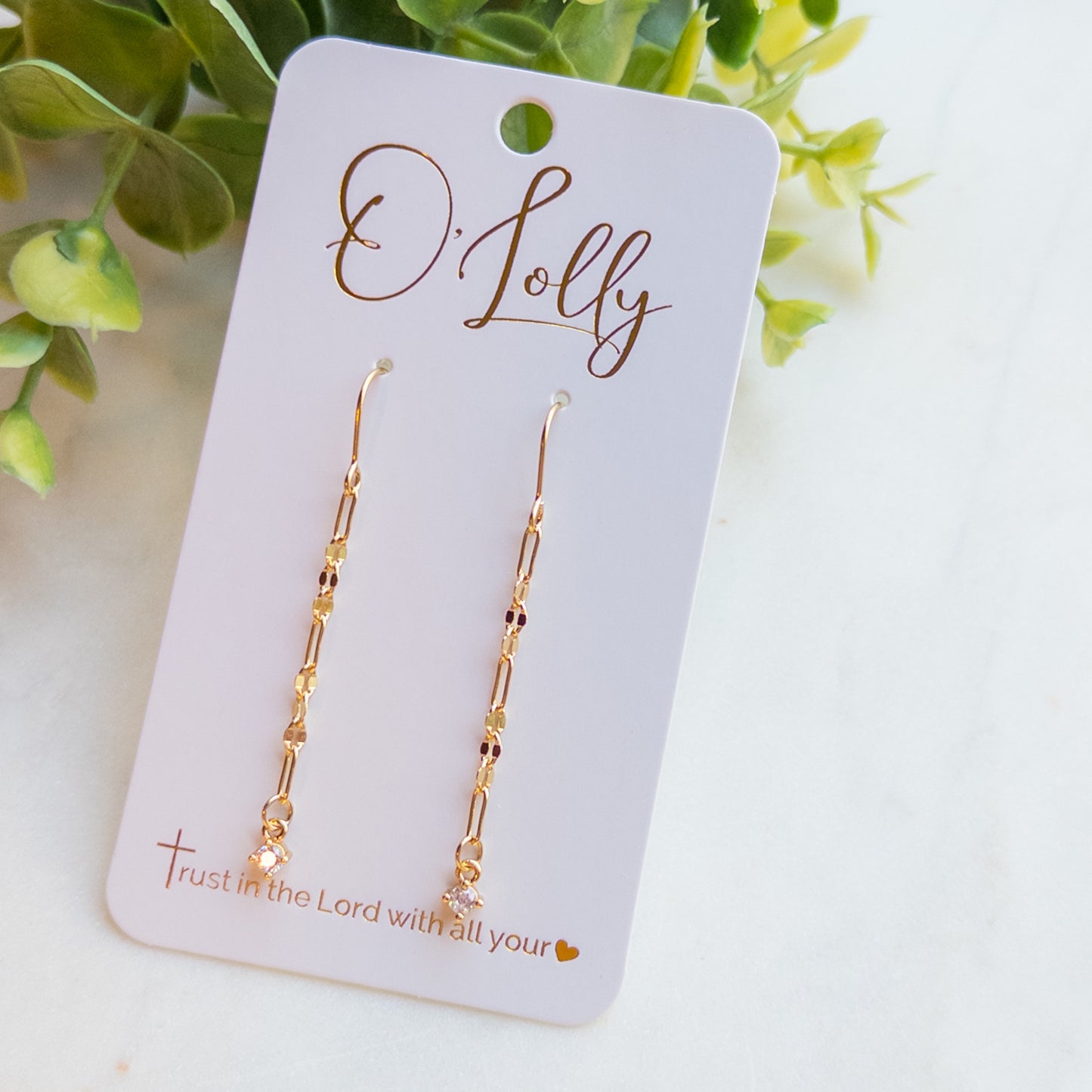 18k Gold Plated Chain Earrings w/Dainty CZ Dangle Earrings