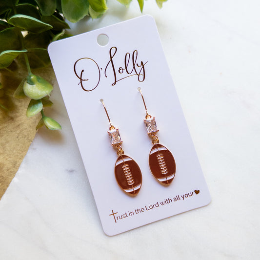 Gold Football Dangle Earrings with Cubic Zirconia Accent “Blitz”