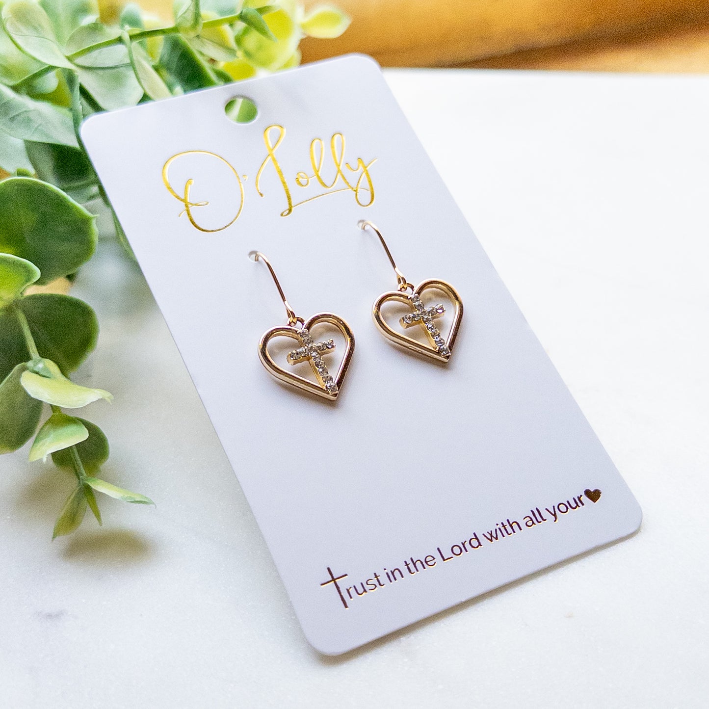 Gold Heart & Rhinestone Cross Earrings