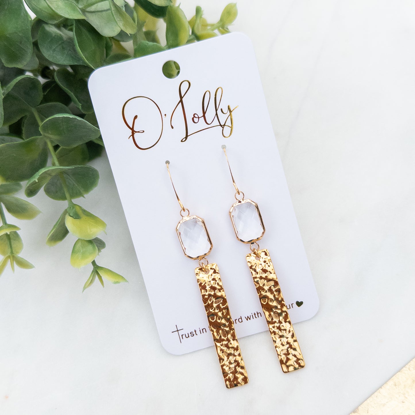Gold Textured Bar w/Clear Glass Earrings “Isabel”