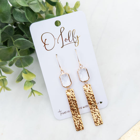 Gold Textured Bar w/Clear Glass Earrings “Isabel”