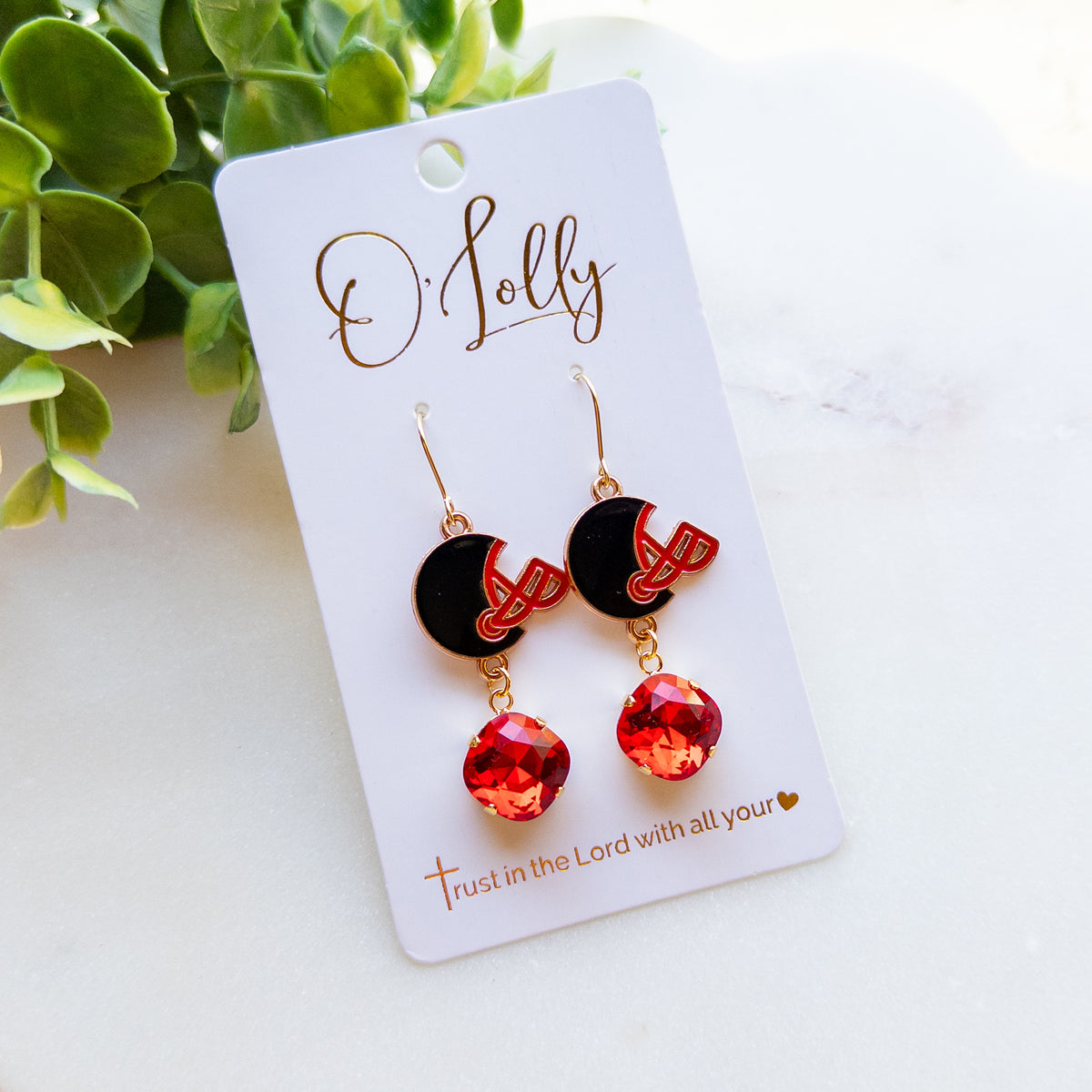Black & Red Helmet Spirit Crystal Drop Earrings