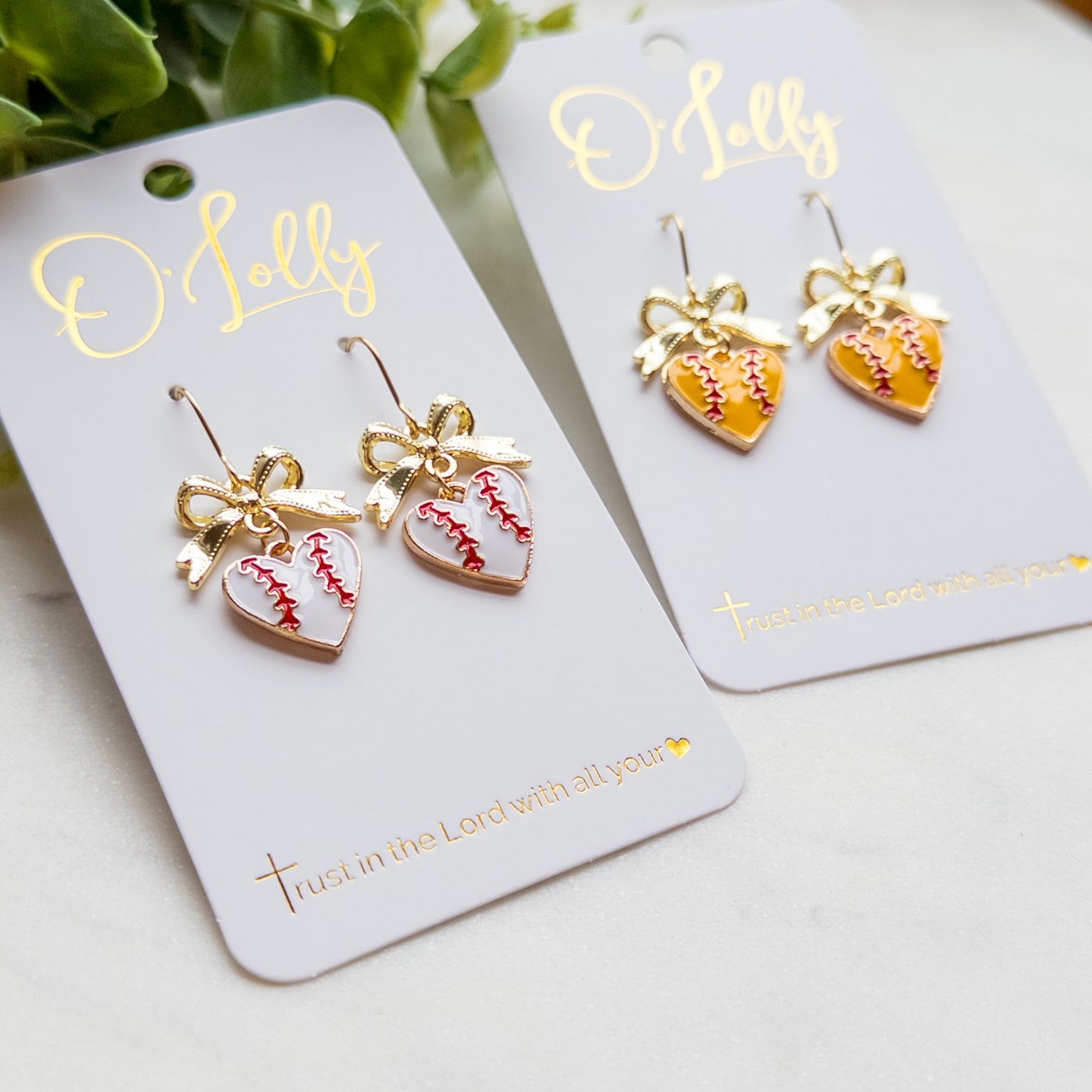 Baseball & Softball Heart Dangle Earrings w/Gold Bow