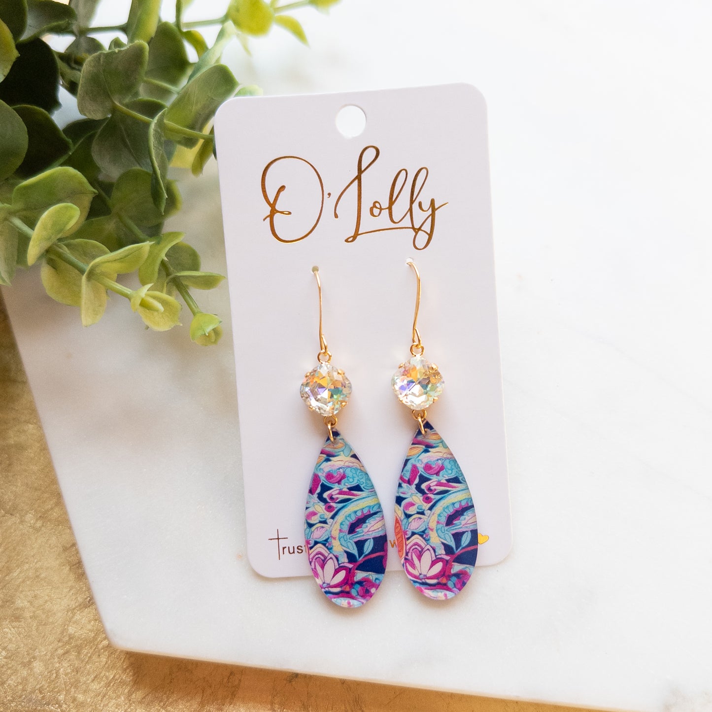 Paisley Pattern Acrylic Teardrop Earrings w/Clear AB Stone