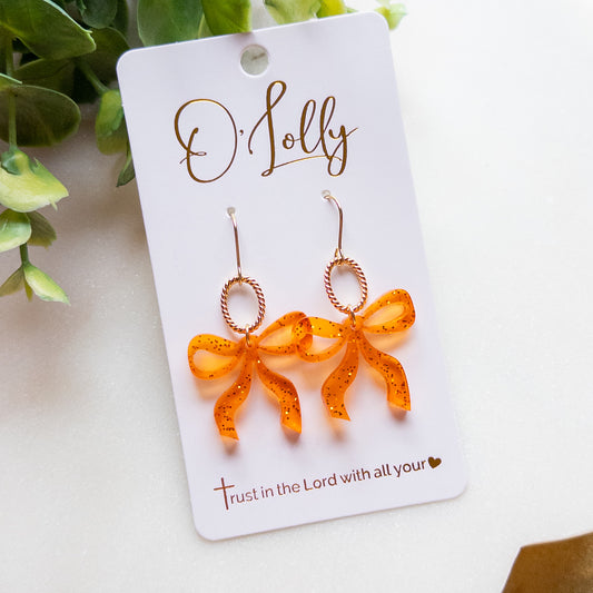 Orange Glitter Bow & Gold Oval Drop Earrings