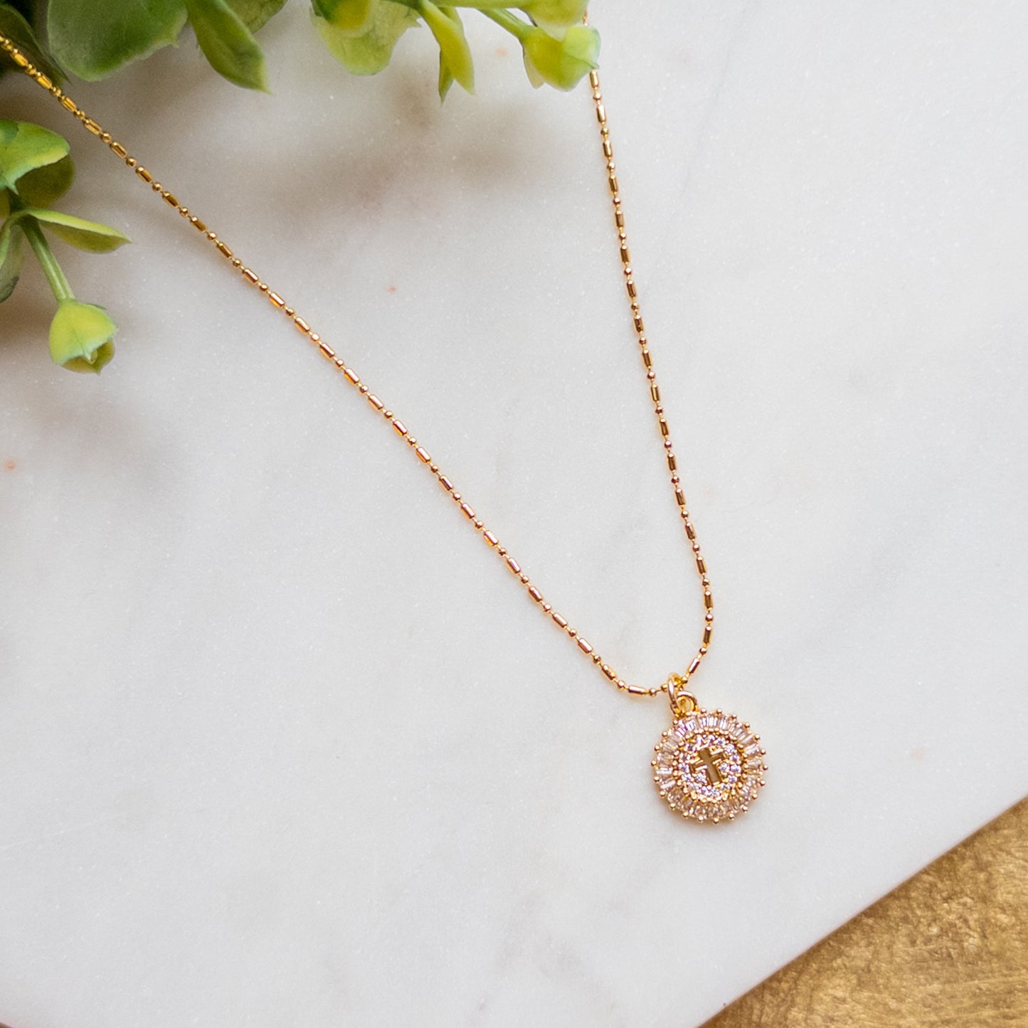 Cubic Zirconia Pave Circle Open Cross Charm w/18k Gold Plated Chain Necklace