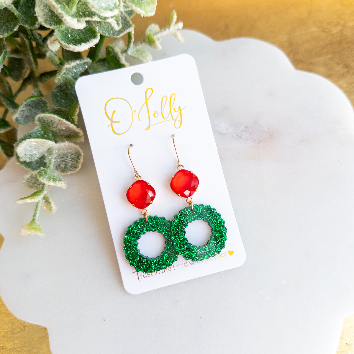 Christmas Wreath Dangle Earrings – Red & Green Glitter