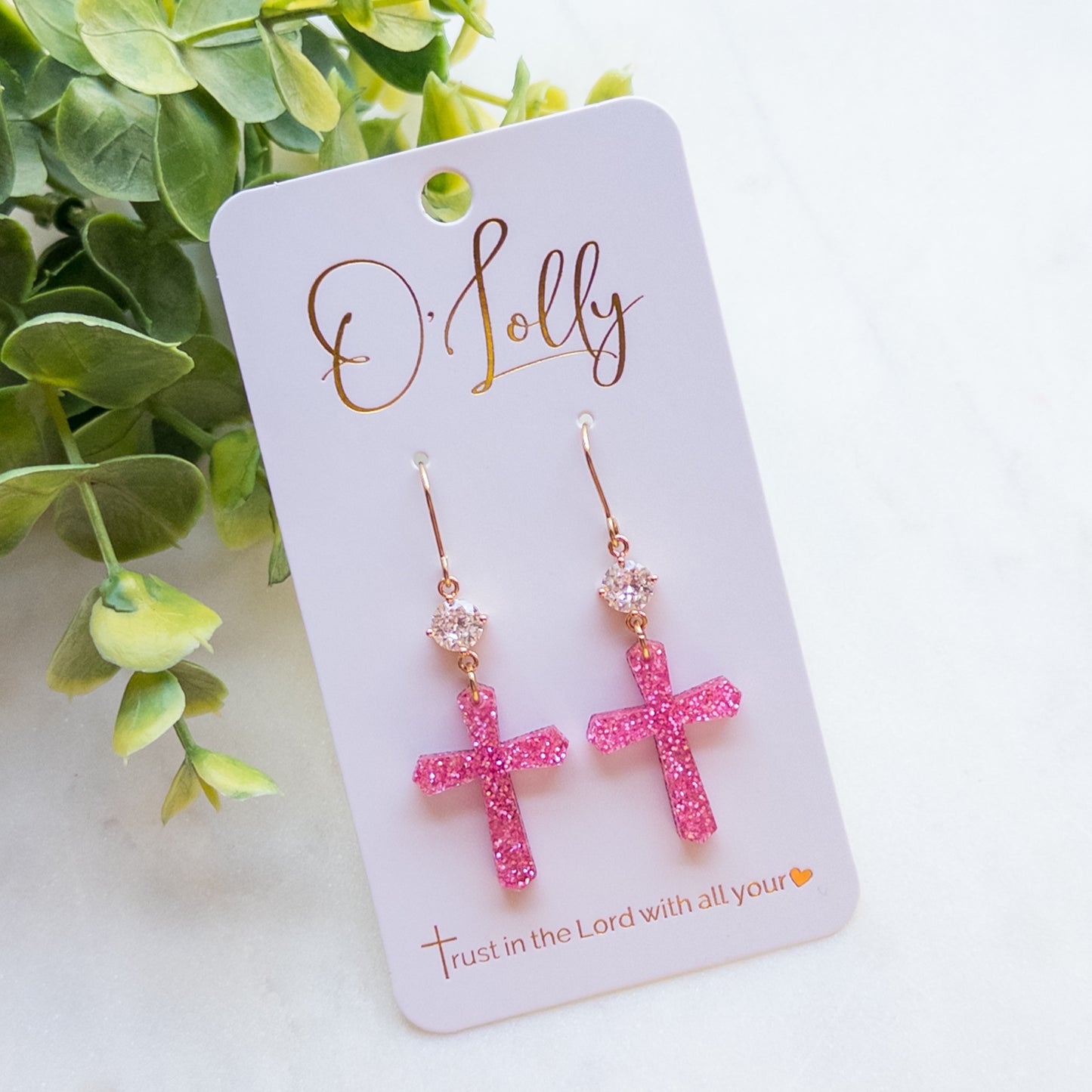 Sparkle Pink Acrylic Cross w/CZ Connector Dangle Earrings - “Trudy”