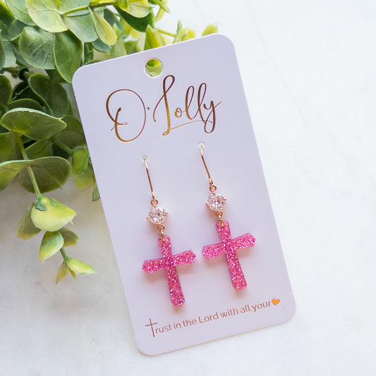 Sparkle Pink Acrylic Cross w/CZ Connector Dangle Earrings - “Trudy”