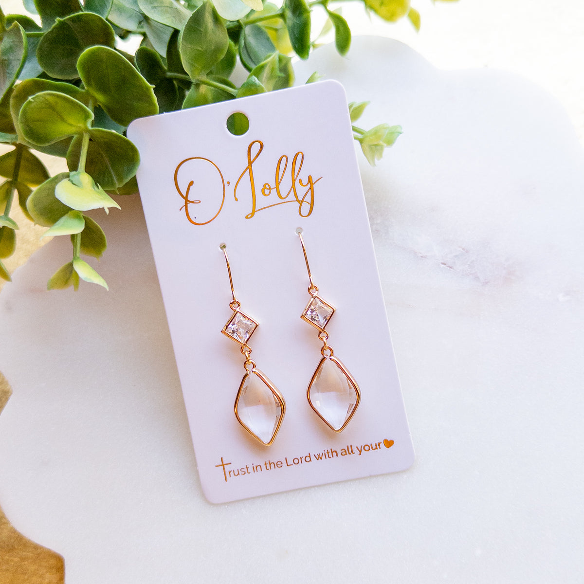 Gold Clear Crystal Geometric Drop Earring “Brighton”